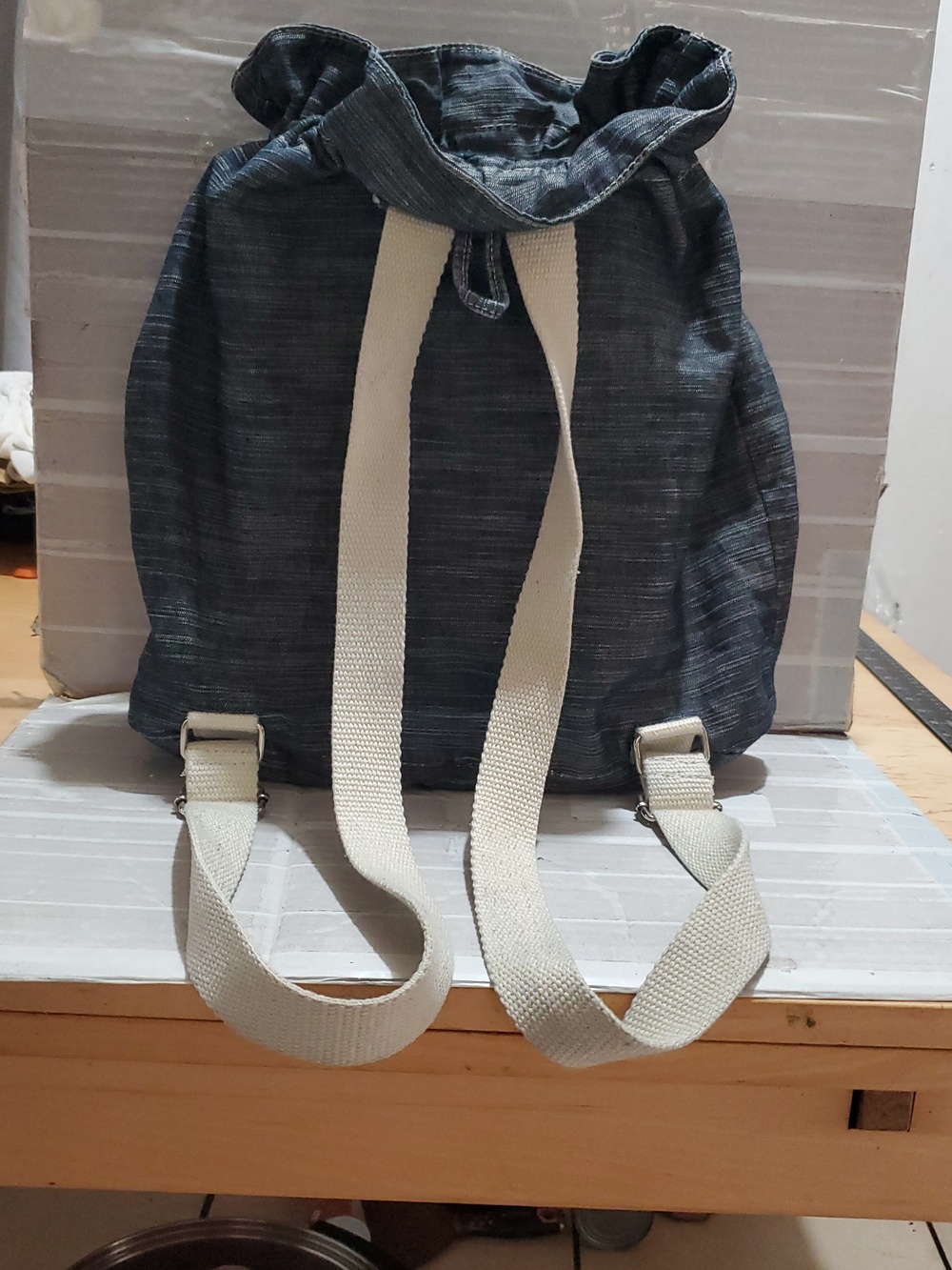 Denim-Look Drawstring Backpack with Cream Strap Details - Picture 6 of 12